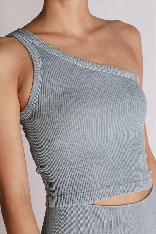 Nikibiki Tops Junie One Shoulder Vintage Cool Grey Crop Top 4 Nikibiki Tops Junie One Shoulder Vintage Cool Grey Crop Top