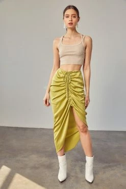 Mustard Seed Sonia Ruched Chartreuse Midi Skirt