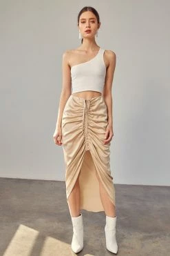 Mustard Seed Sonia Ruched Champagne Midi Skirt Bottoms