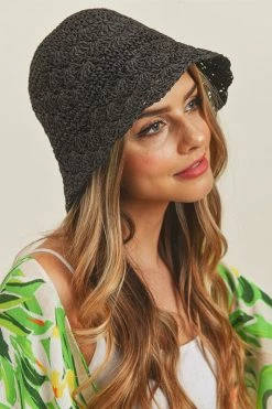 Fame Accessories Hats & Beanies Handmade Black Crochet Straw Bucket Hat 9 Fame Accessories Hats & Beanies Handmade Black Crochet Straw Bucket Hat