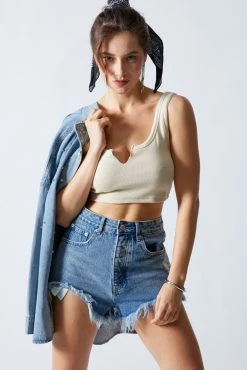 Signature 8 Nola Rib Split Neck Vanilla Crop Top