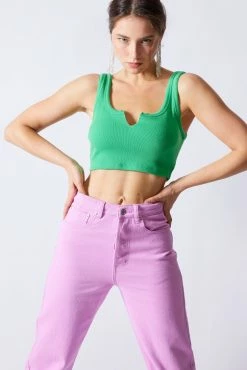 Signature 8 Tops Nola Rib Split Neck Green Crop Top