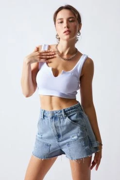 Signature 8 Tops Nola Rib Split Neck White Crop Top
