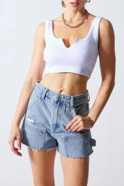 Signature 8 Tops Nola Rib Split Neck White Crop Top