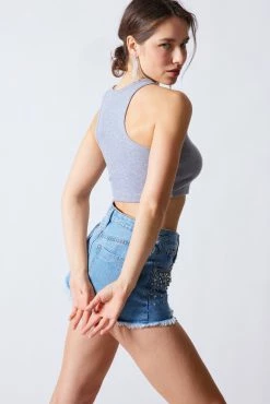 Signature 8 Delia Rib Racer Back Heather Grey Crop Top