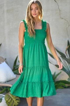 Davi & Dani Dresses Monet Smocked Green Midi Dress