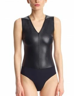 Commando Tops Black Faux Leather V-Neck Bodysuit