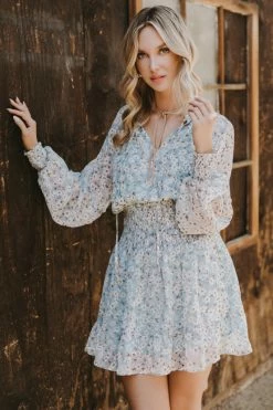 Elan Dresses Blue Floral Smock Waist Dress