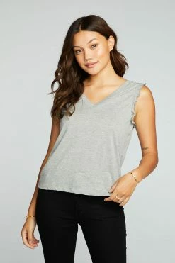 CHASER Rpet Vintage Grey Jersey Double V Ruffle Muscle Tank 7 CHASER Rpet Vintage Grey Jersey Double V Ruffle Muscle Tank