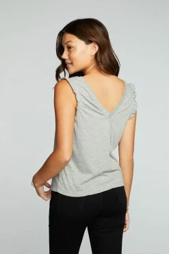 CHASER Rpet Vintage Grey Jersey Double V Ruffle Muscle Tank