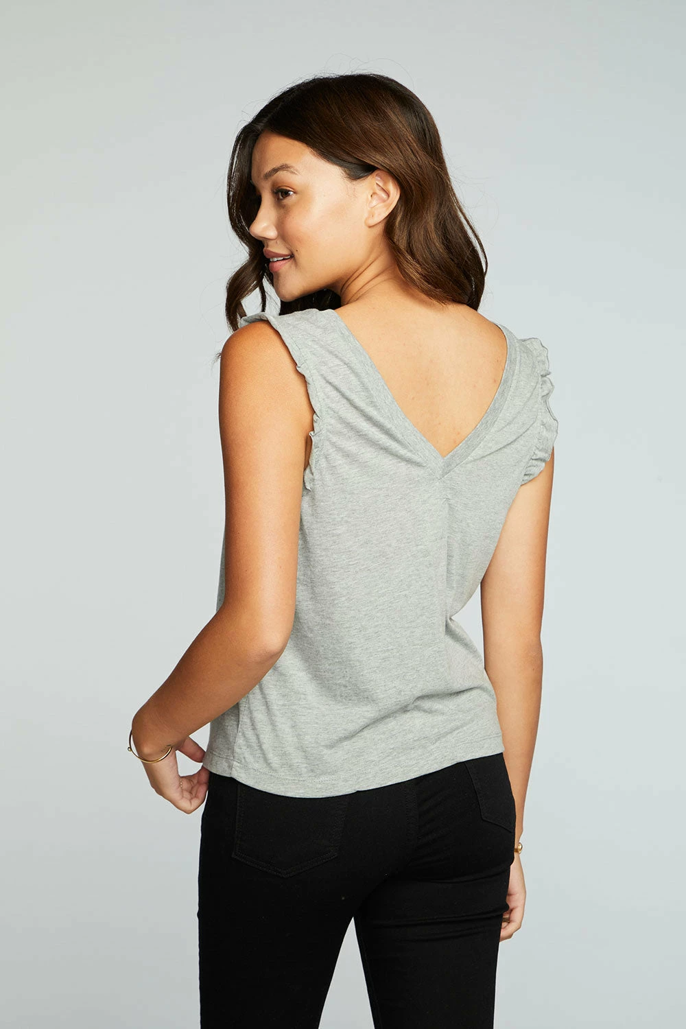 CHASER Rpet Vintage Grey Jersey Double V Ruffle Muscle Tank 4 CHASER Rpet Vintage Grey Jersey Double V Ruffle Muscle Tank