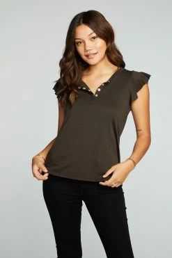 CHASER Tops Rpet Vintage Black Jersey Flutter Sleeve Snap Front Henley 7 CHASER Tops Rpet Vintage Black Jersey Flutter Sleeve Snap Front Henley