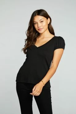 CHASER Rpet Vintage Rib Black Puff Sleeve Tee