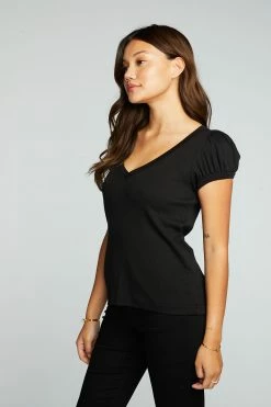 CHASER Rpet Vintage Rib Black Puff Sleeve Tee