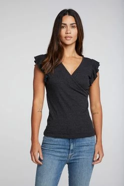 CHASER Triblend Black Rib Flutter Sleeve Surplice Tee 9 CHASER Triblend Black Rib Flutter Sleeve Surplice Tee