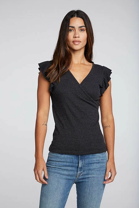 CHASER Triblend Black Rib Flutter Sleeve Surplice Tee 6 CHASER Triblend Black Rib Flutter Sleeve Surplice Tee