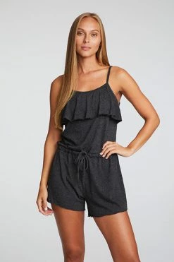 CHASER Triblend Jersey Black Ruffle Front Romper