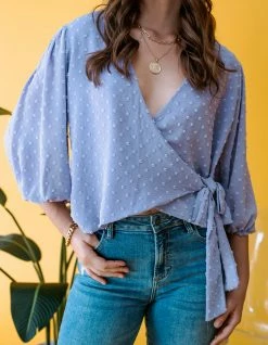 Veronica M. Lavender Dot Puff Sleeve Wrap Blouse