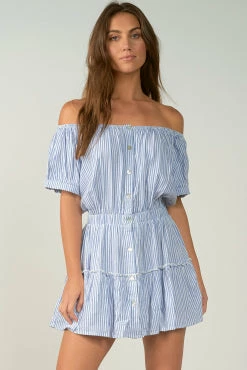 Elan Off The Shoulder Blue Stripe Tiered Dress