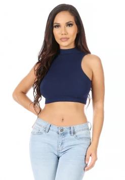 Suzette Tops Sleeveless Mock Rib Navy Crop Top 8 Suzette Tops Sleeveless Mock Rib Navy Crop Top