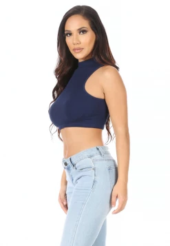 Suzette Tops Sleeveless Mock Rib Navy Crop Top