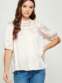 Strut And Bolt Tops Bonita Puff Sleeve Pink Satin Top