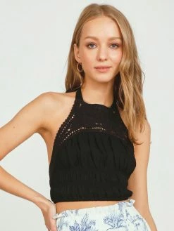 Vintage Havana Tops Black Crochet Halter Top