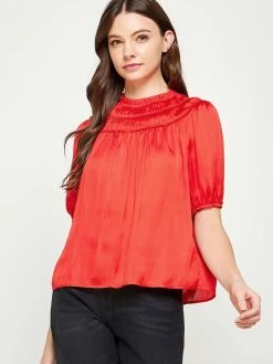 Strut And Bolt Bonita Puff Sleeve Red Satin Top