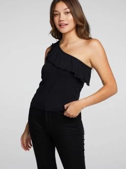 CHASER One Shoulder Black Ruffle Top Tops