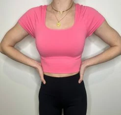 Nikibiki Lia Short Sleeve Bubble Gum Square Neck Crop Top Tops