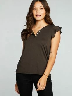CHASER Tops Rpet Vintage Black Jersey Flutter Sleeve Snap Front Henley