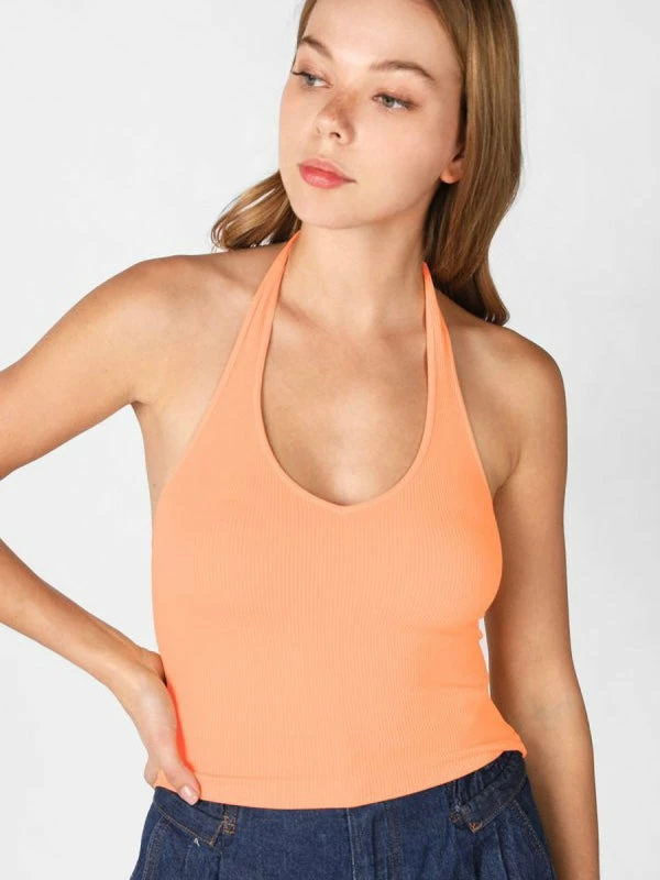 Nikibiki Tops Kami Ribbed Halter Cantaloupe Crop Top 3 Nikibiki Tops Kami Ribbed Halter Cantaloupe Crop Top