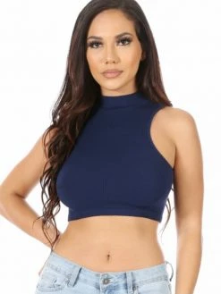 Suzette Tops Sleeveless Mock Rib Navy Crop Top