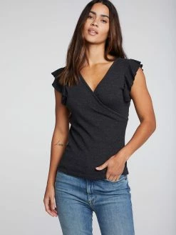 CHASER Triblend Black Rib Flutter Sleeve Surplice Tee 8 CHASER Triblend Black Rib Flutter Sleeve Surplice Tee