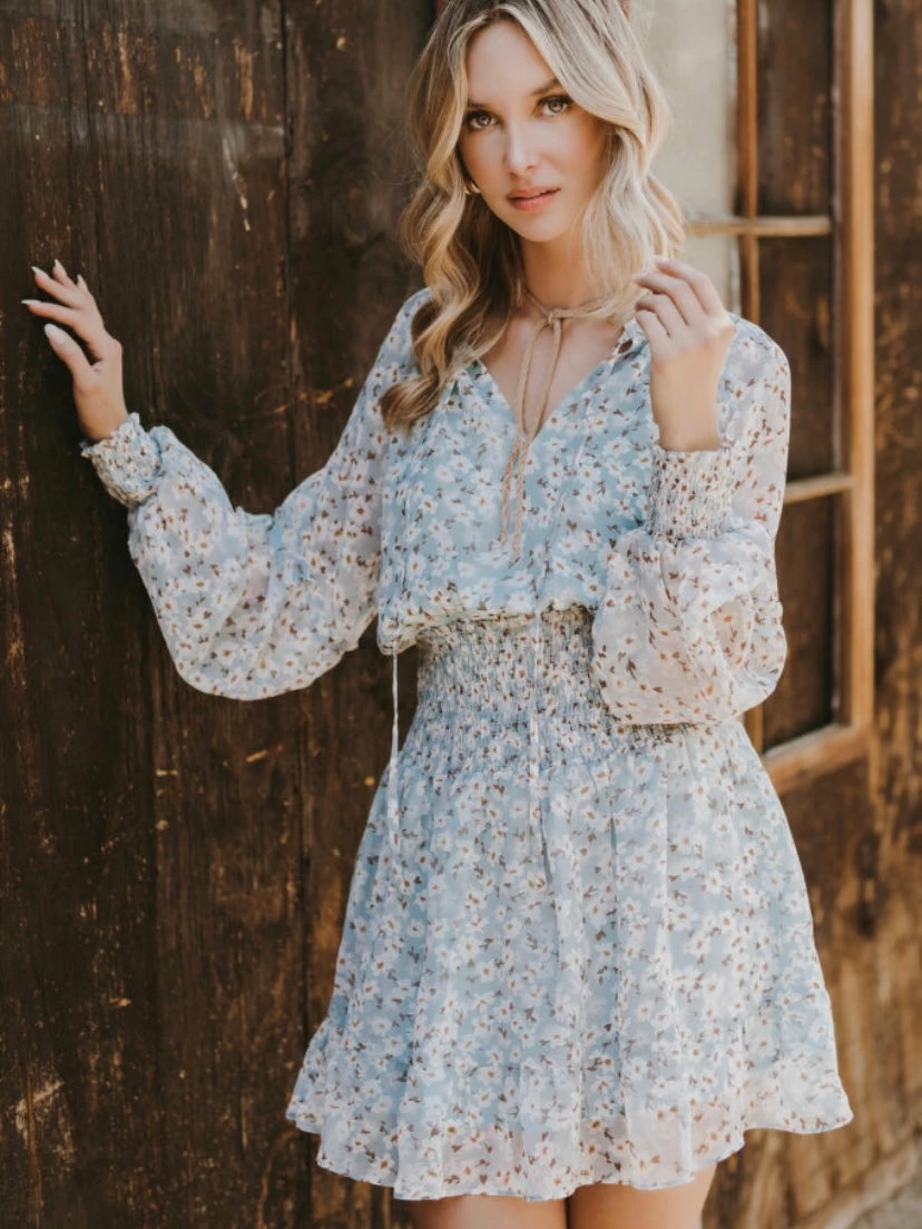 Elan Dresses Blue Floral Smock Waist Dress 3 Elan Dresses Blue Floral Smock Waist Dress