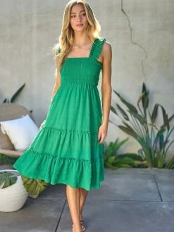 Davi & Dani Dresses Monet Smocked Green Midi Dress