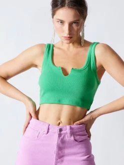 Signature 8 Tops Nola Rib Split Neck Green Crop Top