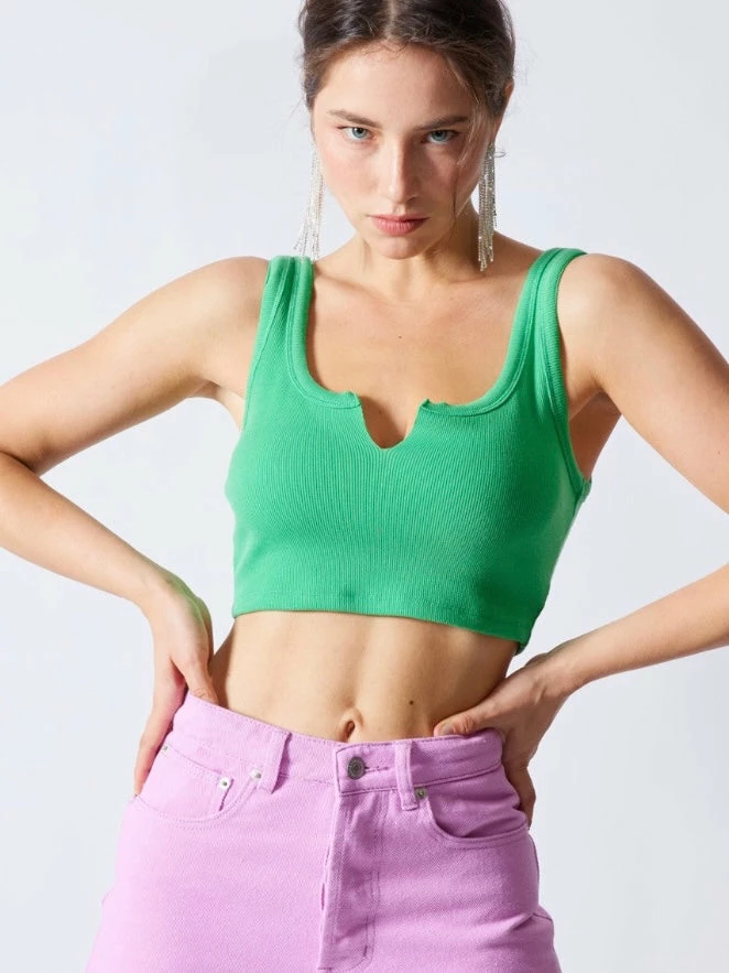 Signature 8 Tops Nola Rib Split Neck Green Crop Top 3 Signature 8 Tops Nola Rib Split Neck Green Crop Top