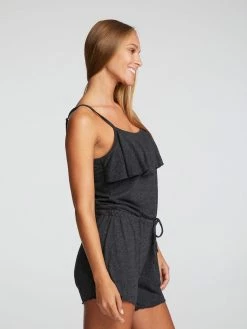 CHASER Triblend Jersey Black Ruffle Front Romper