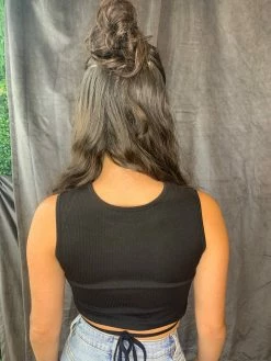 Suzette Ribbed Wrap Around Tie Waist Black Crop Tops