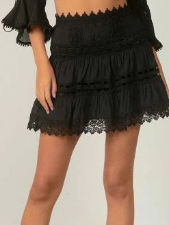 Elan Black Embroidered Lace Trim Mini Skirt Bottoms