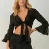 Elan Black Embroidered Lace Trim Tie Front Top 2 Elan Black Embroidered Lace Trim Tie Front Top