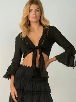 Elan Black Embroidered Lace Trim Tie Front Top