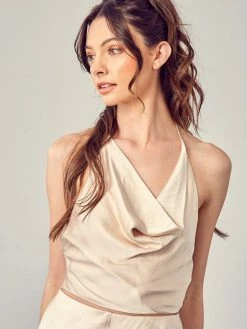 Mustard Seed Rochelle Satin Cowl Halter Top Tops
