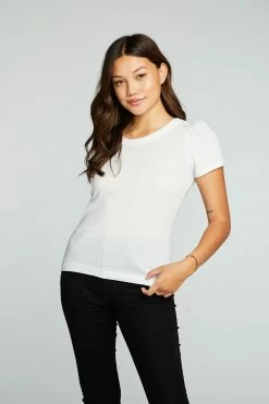 CHASER Tops Bella Jersey White Shirred Puff Sleeve Easy Tee