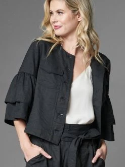 Lola & Sophie Outerwear Linen Twill Ruffle Sleeve Jacket