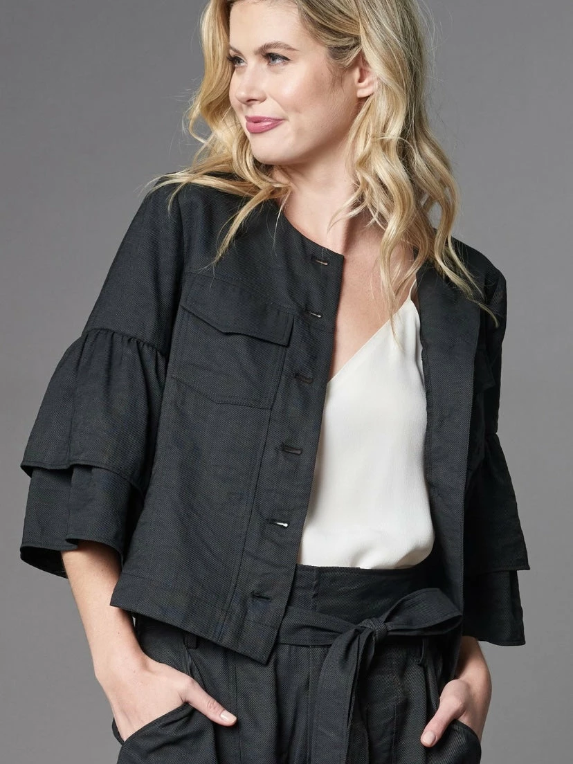 Lola & Sophie Outerwear Linen Twill Ruffle Sleeve Jacket 3 Lola & Sophie Outerwear Linen Twill Ruffle Sleeve Jacket
