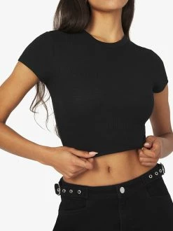 WeWoreWhat Cropped Black Baby Tee Waffle Knit Tops