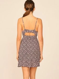 Vintage Havana Dresses Navy Printed Rayon Smocked Tie Front Dress