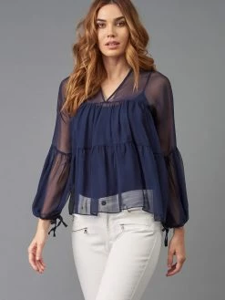 Lola & Sophie Tops Chiffon Sheer Navy Tiered Top
